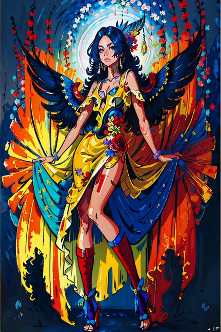  masterpiece,top quality,best quality,official art,beautiful and aesthetic,(1girl:1.2),extremely detailed,colorful,flowers,highest detailed,shiny skin,many colors,feathers, PasO, bleeding color,