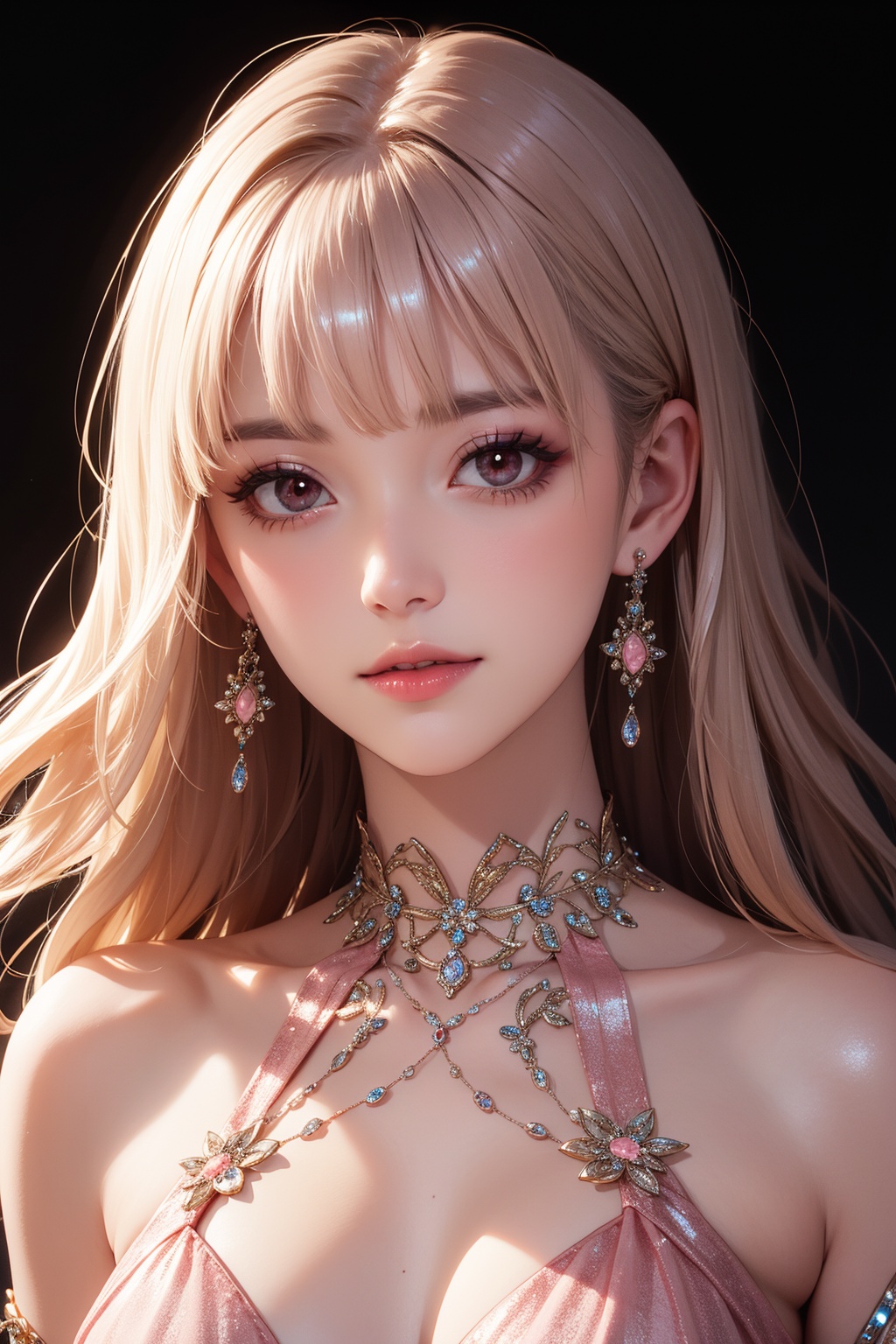 (Light makeup) peerless beauty,  pink long hair,  metallic dress on Tensor.Art
