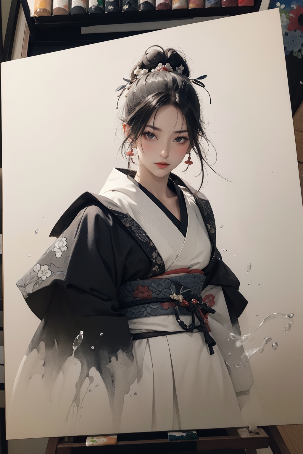 ukiyoe painting、Samurai、ink and watercolor painting、exercise、black-and-white、flowingwater、drak、8K on Tensor.Art