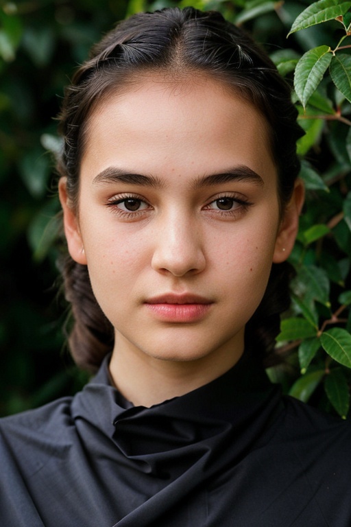 A detailed portrait of a young woman exuding elegance and natural grace. She has a voluminous updo hairstyle with wisps of...
