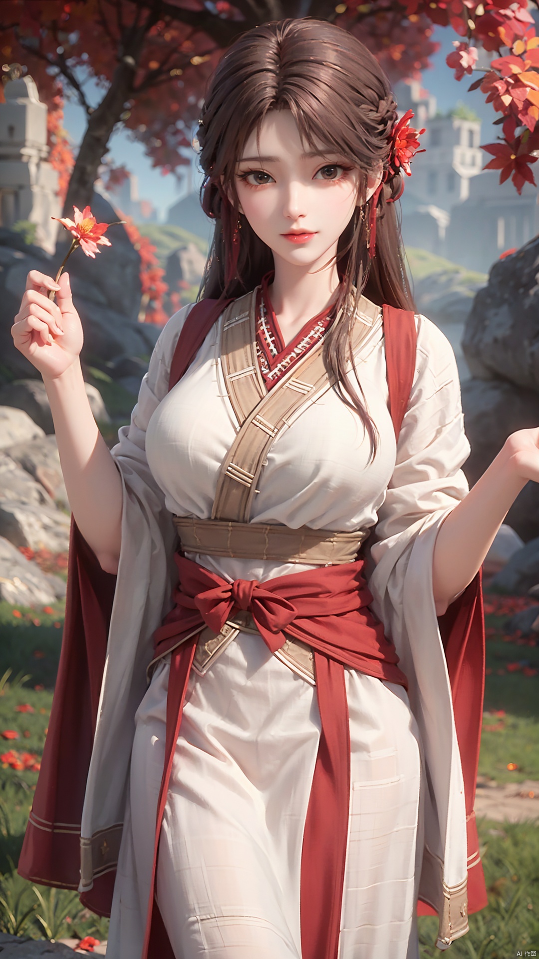 1girl, solo, brown hair, hair ornament, braid, long hair, wide sleeves, looking at viewer, brown eyes, jewelry, hair flower, long sleeves, sash, dress, mischevious smile, perfect body, scenery, sharp focus, best quality, masterpiece, detailed outfit, illustration, perfect eyes, finely detailed beautiful anime eyes, realistic skin, intricate details, best lighting, depth of field, ultra high resolution,cowboy_shot, dynamic pose, dynamic angle,