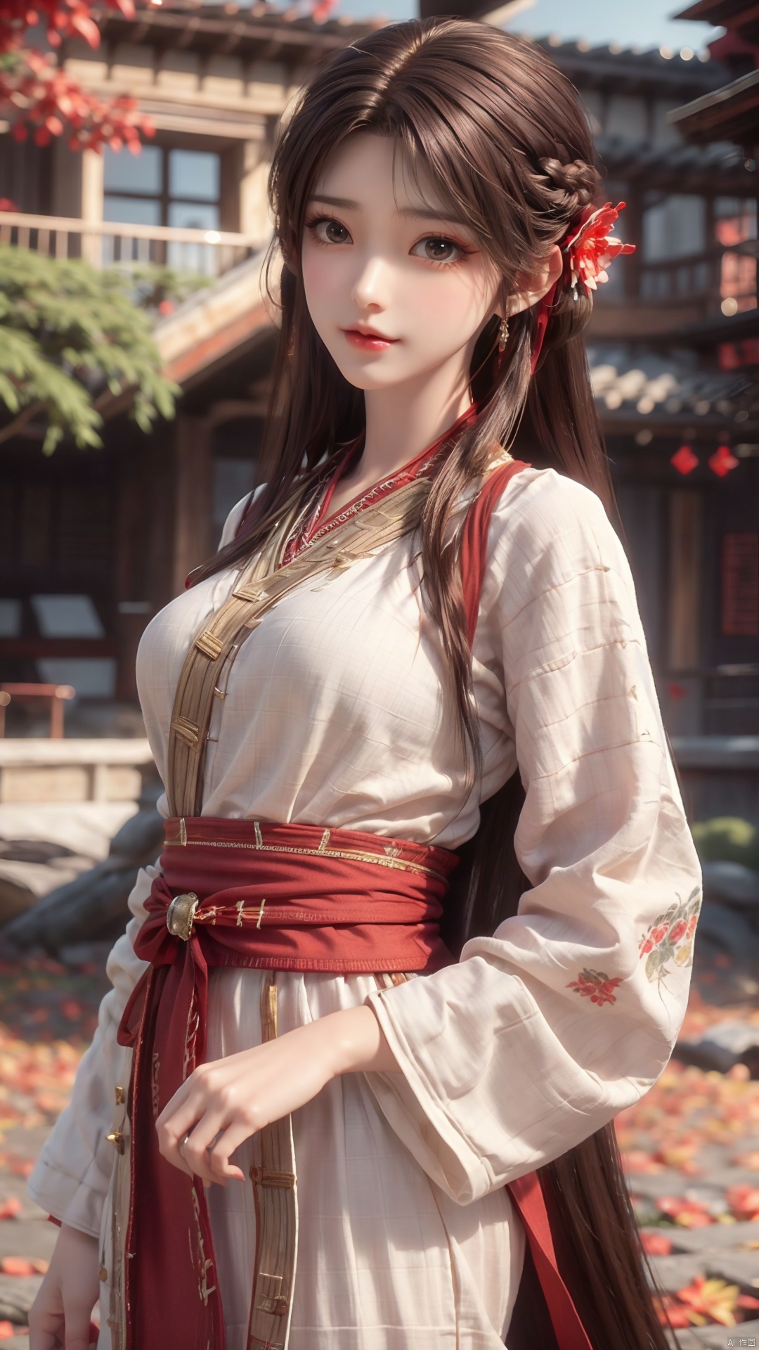 1girl, solo, brown hair, hair ornament, braid, long hair, wide sleeves, looking at viewer, brown eyes, jewelry, hair flower, long sleeves, sash, dress, mischevious smile, perfect body, scenery, sharp focus, best quality, masterpiece, detailed outfit, illustration, perfect eyes, finely detailed beautiful anime eyes, realistic skin, intricate details, best lighting, depth of field, ultra high resolution,cowboy_shot, dynamic pose, dynamic angle,