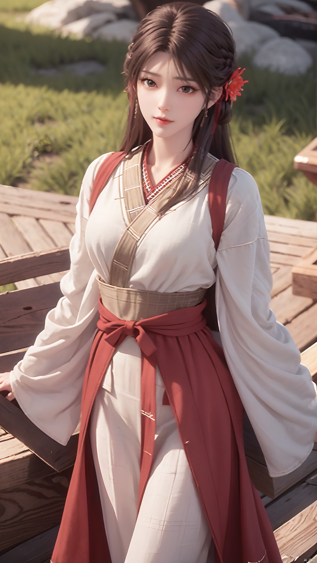 1girl, solo, brown hair, hair ornament, braid, long hair, wide sleeves, looking at viewer, brown eyes, jewelry, hair flower, long sleeves, sash, dress, mischevious smile, perfect body, scenery, sharp focus, best quality, masterpiece, detailed outfit, illustration, perfect eyes, finely detailed beautiful anime eyes, realistic skin, intricate details, best lighting, depth of field, ultra high resolution,cowboy_shot, dynamic pose, dynamic angle,