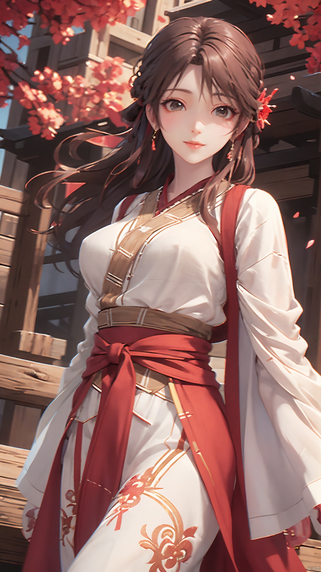 1girl, solo, brown hair, hair ornament, braid, long hair, wide sleeves, looking at viewer, brown eyes, jewelry, hair flower, long sleeves, sash, dress, mischevious smile, perfect body, scenery, sharp focus, best quality, masterpiece, detailed outfit, illustration, perfect eyes, finely detailed beautiful anime eyes, realistic skin, intricate details, best lighting, depth of field, ultra high resolution,cowboy_shot, dynamic pose, dynamic angle,
