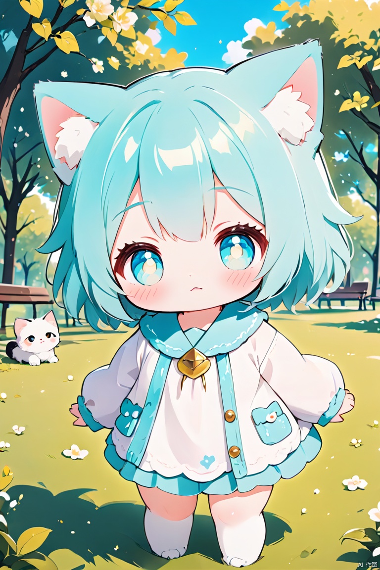 ((anime chibi style)), cute looking kitten with adorable eyes in the park, dynamic angle, depth of field, aqua_xhl