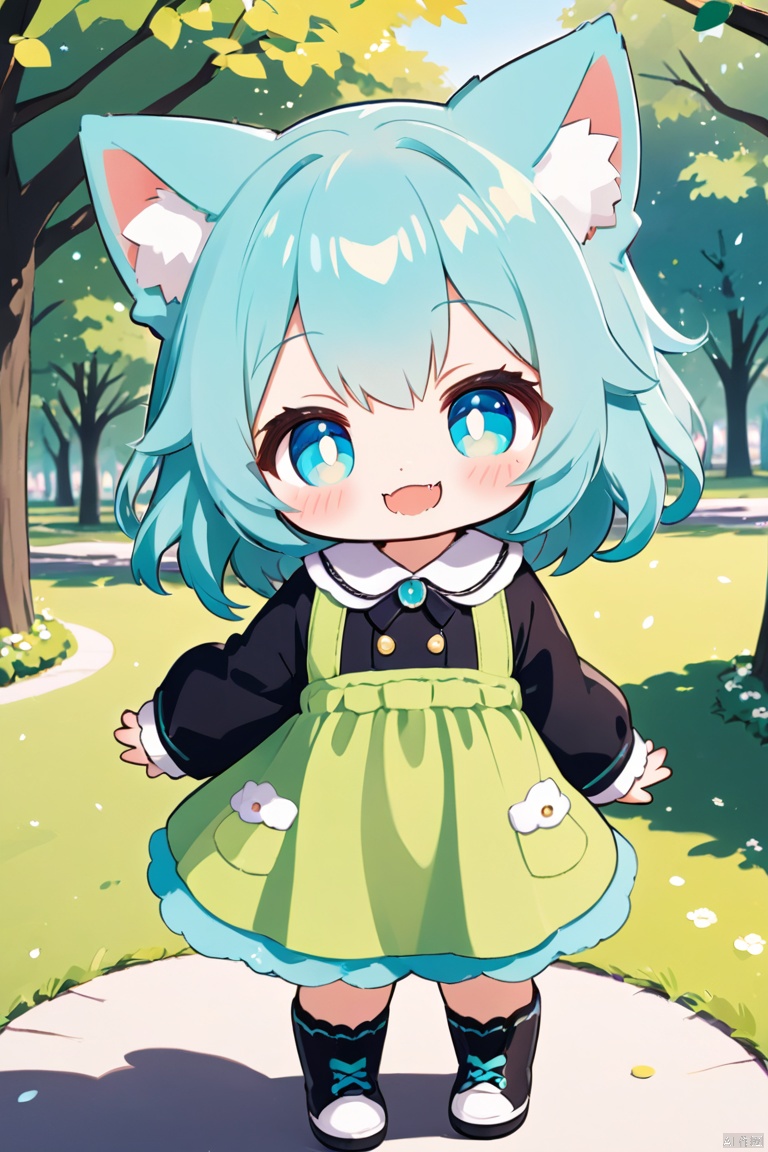 ((anime chibi style)), cute looking kitten with adorable eyes in the park, dynamic angle, depth of field, aqua_xhl,smile,fang