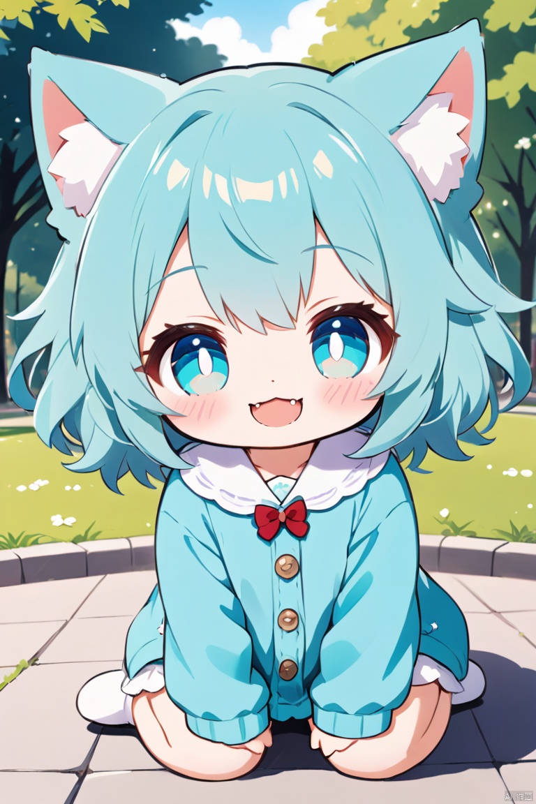 ((anime chibi style)), cute looking kitten with adorable eyes in the park, dynamic angle, depth of field, aqua_xhl,smile,fang