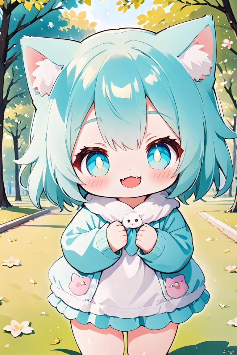 ((anime chibi style)), cute looking kitten with adorable eyes in the park, dynamic angle, depth of field, aqua_xhl,smile,fang