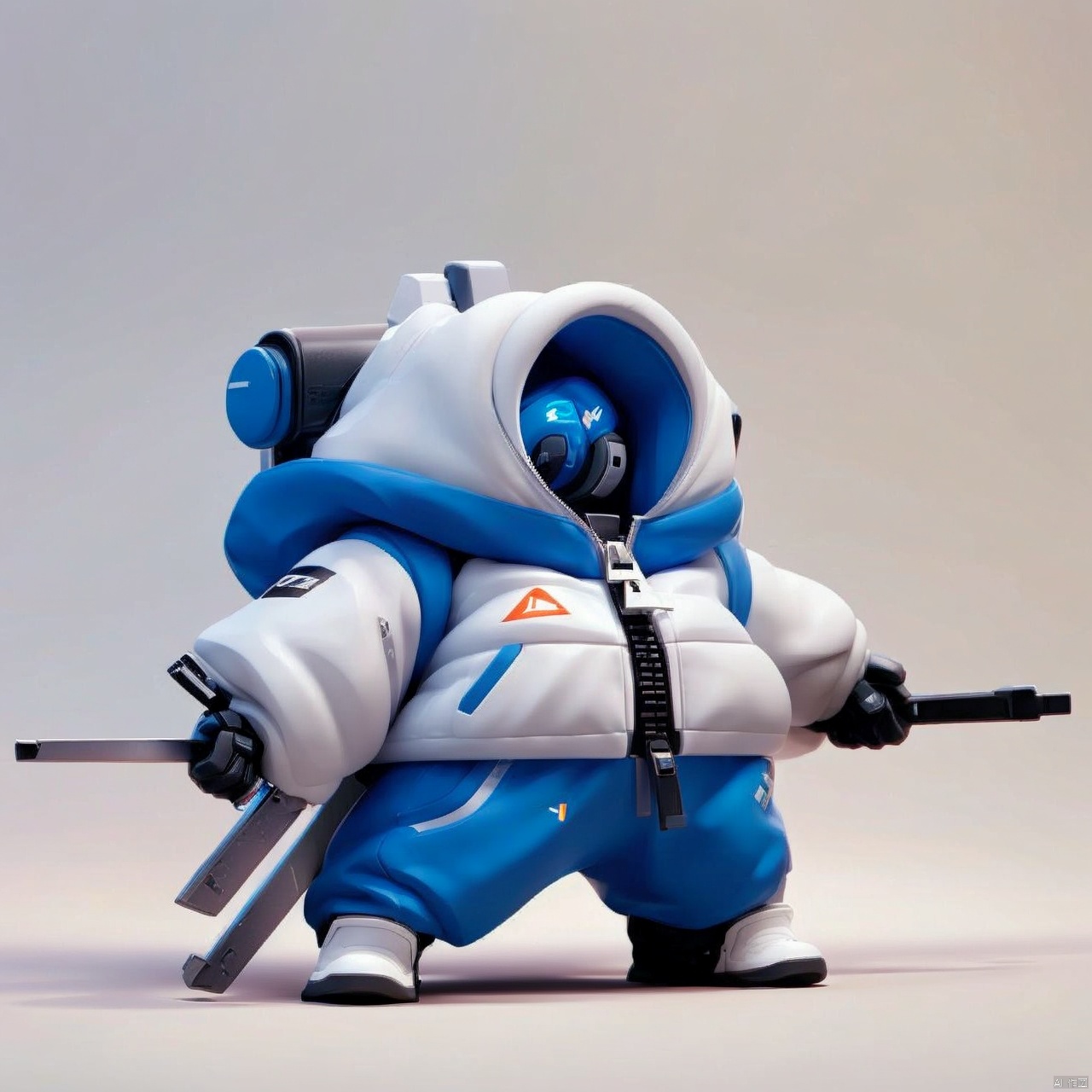  solo, holding, standing, weapon, holding weapon, no humans, 1other, zipper, dual wielding, wall, A toy,White 