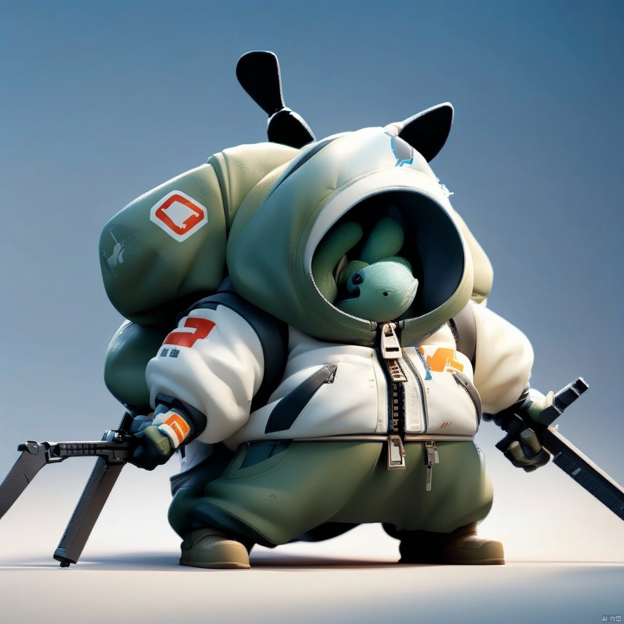  solo, holding, standing, weapon, holding weapon, no humans, 1other, zipper, dual wielding, wall, A toy,White 