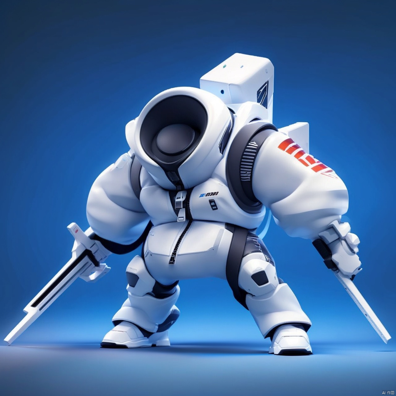  solo, holding, standing, weapon, holding weapon, no humans, 1other, zipper, dual wielding, wall, A toy,White Mecha