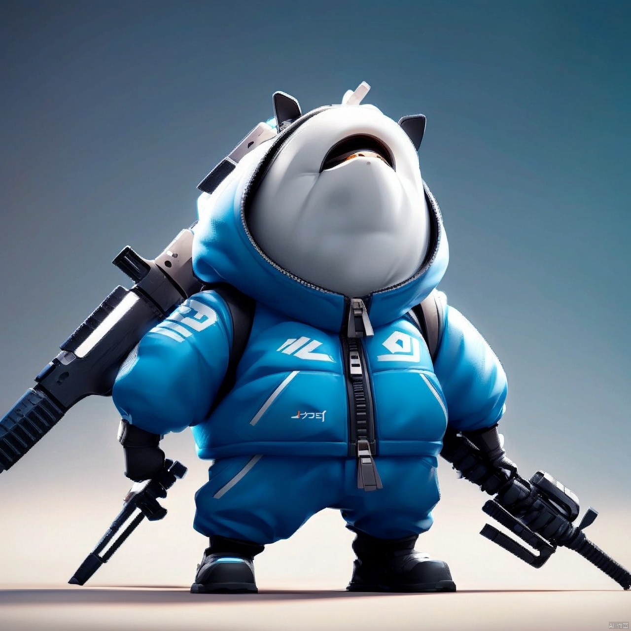  solo, holding, standing, weapon, holding weapon, no humans, 1other, zipper, dual wielding, wall, A toy