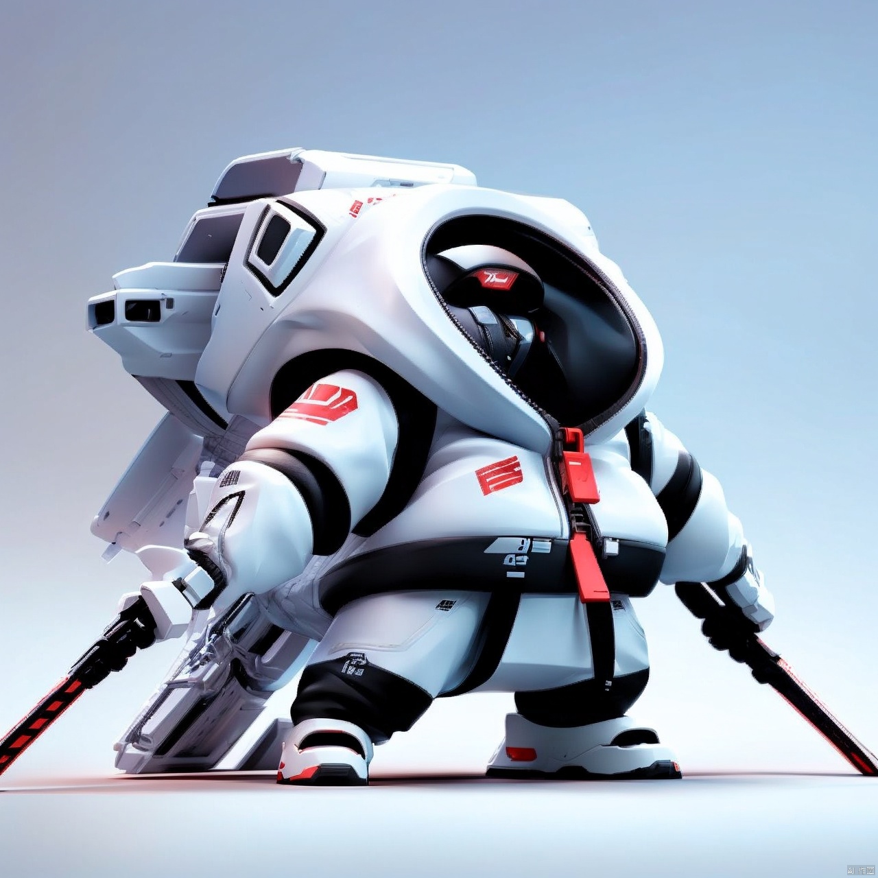 solo, holding, standing, weapon, holding weapon, no humans, 1other, zipper, dual wielding, wall, A toy,White Mecha