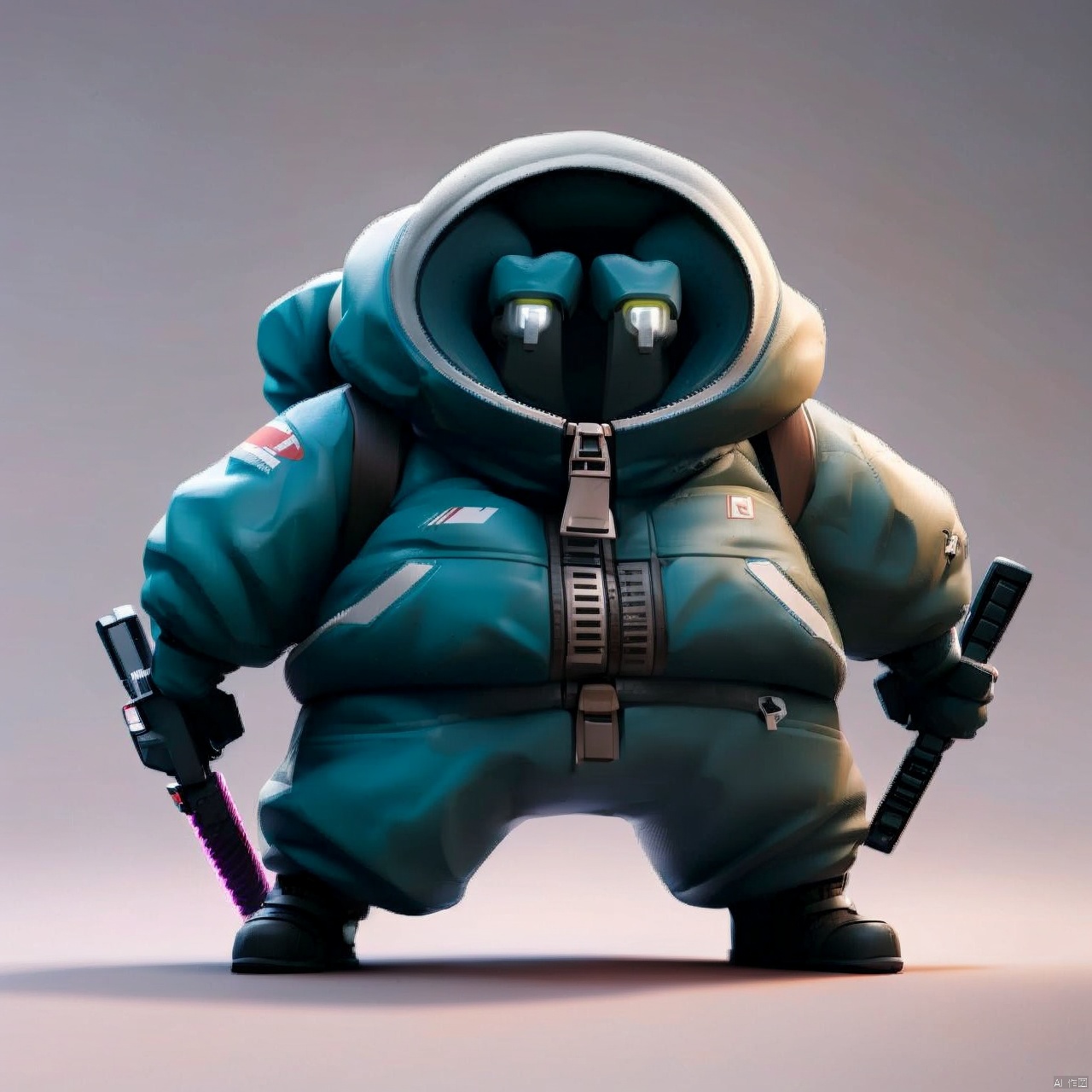  solo, holding, standing, weapon, holding weapon, no humans, 1other, zipper, dual wielding, wall, A toy