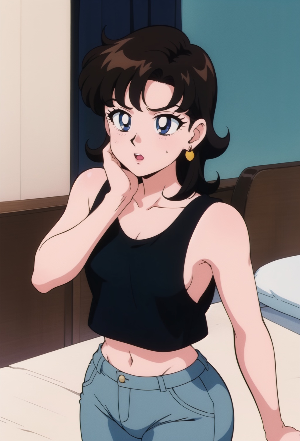 Miki Saegusa,  curly short bob curvy bang brown hair,  brown eyes on Tensor.Art