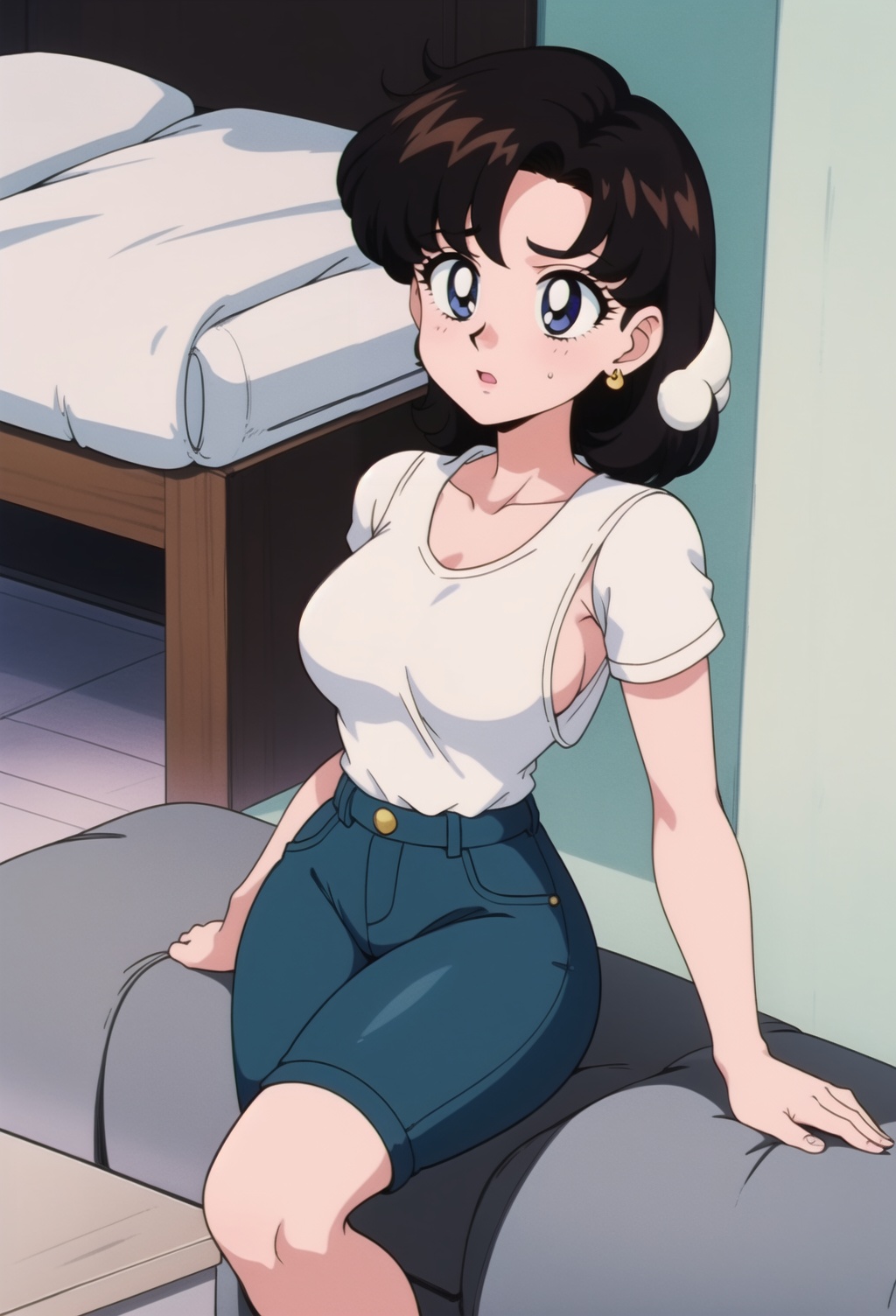 Miki Saegusa,  curly short bob curvy bang brown hair,  brown eyes on Tensor.Art