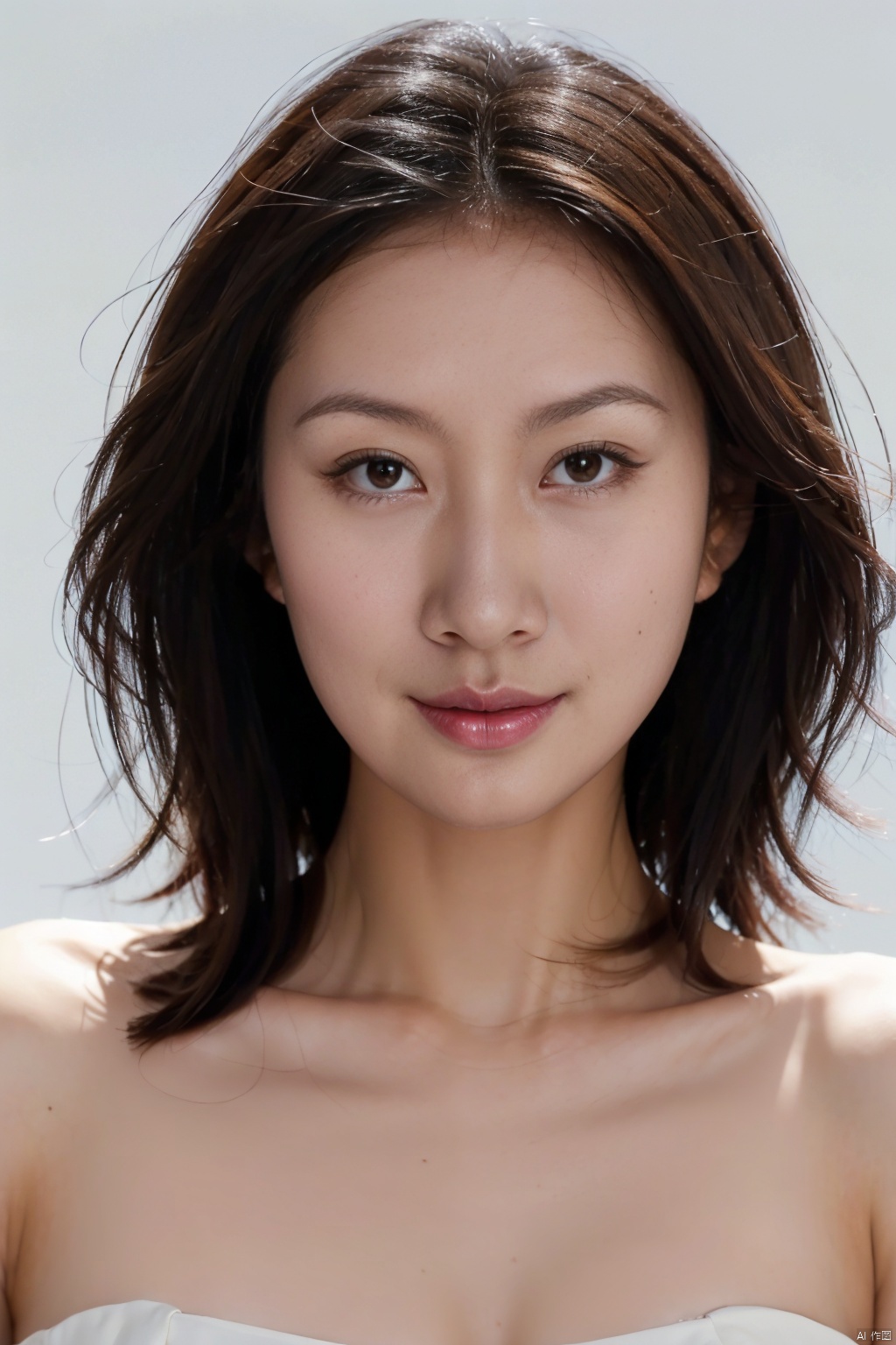  ( Fujicolor, UHD, super detail ,raw,85mm,f/1.2,FujifilmXT4,16K)
,1girl, solo, cleavage,breasts,low cut evening gown, white background, realistic, upper_body, sleeveless, lips, black hair, brown_eyes, strapless formal dress, looking_at_viewer, nose, SaayaIrie