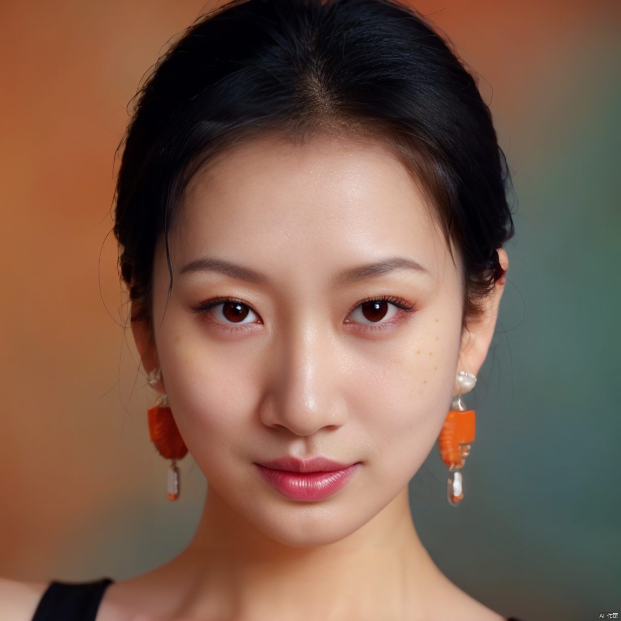  1girl, solo, looking at viewer,simple background, black hair, jewelry, closed mouth, earrings, black eyes, lips, makeup, lipstick, portrait, brown background, realistic,exposure blend, medium shot, bokeh, (hdr:1.4), high contrast, (cinematic, teal and orange:0.85), (muted colors, dim colors, soothing tones:1.3), low saturation, liuyife