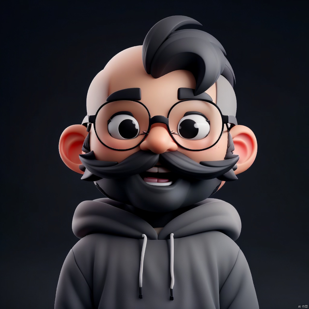  solo, looking at viewer, smile, open mouth, simple background, black hair, 1boy, upper body, male focus, glasses, teeth, hood, black eyes, gradient, gradient background, hoodie, facial hair, hood down, black background, beard, black-framed eyewear, mustache, arms at sides, bald, grey hoodie