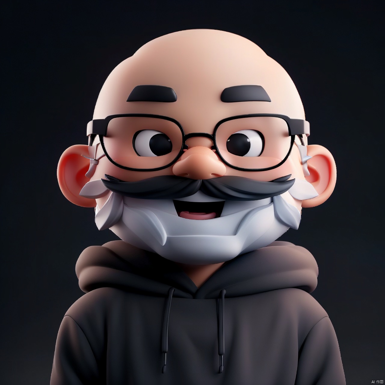 solo, looking at viewer, smile, open mouth, simple background, black hair, 1boy, upper body, male focus, glasses, teeth, hood, black eyes, gradient, gradient background, hoodie, facial hair, hood down, black background, beard, black-framed eyewear, mustache, arms at sides, bald, grey hoodie