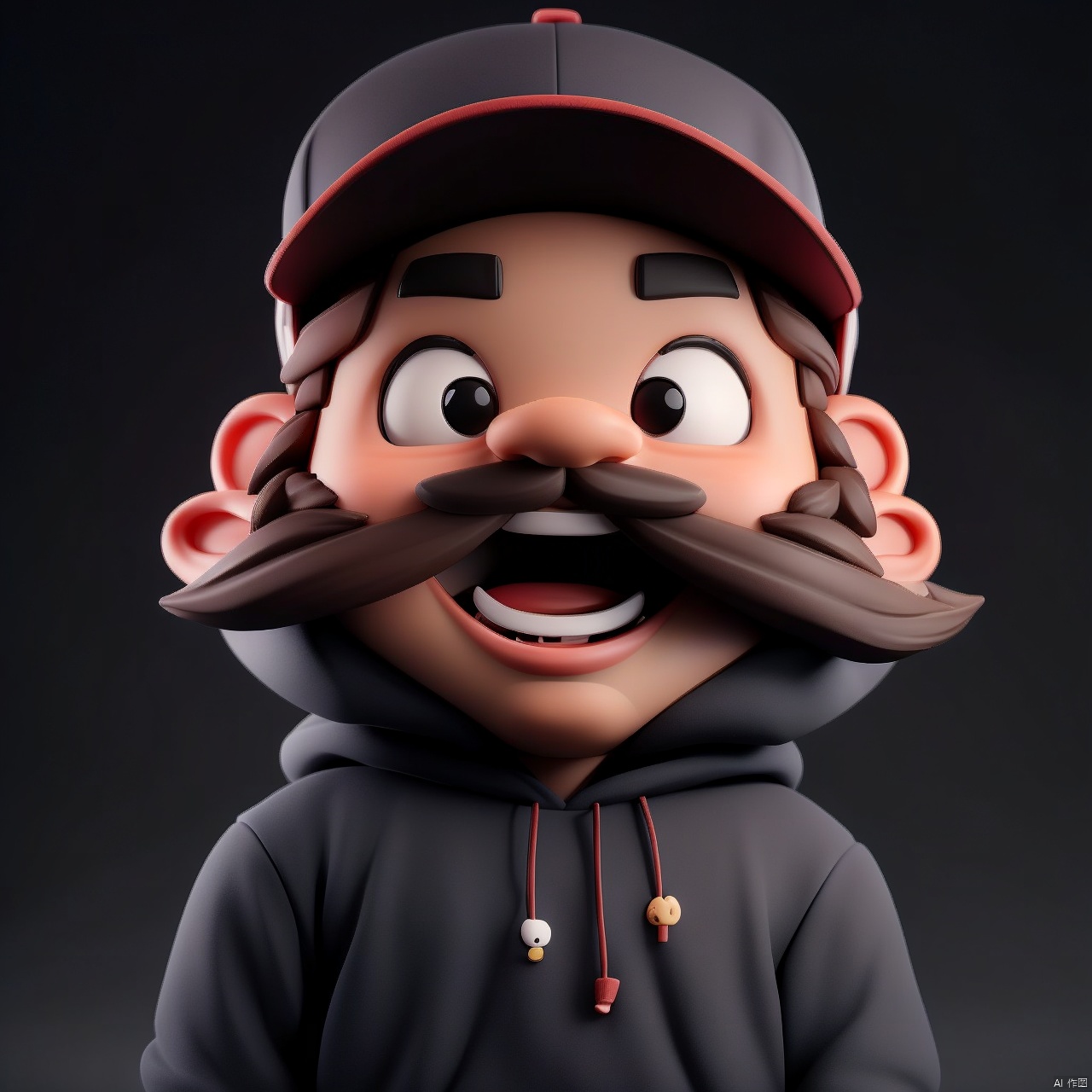 solo, looking at viewer, smile, short hair, open mouth, simple background, brown hair, long sleeves, 1boy, hat, male focus, teeth, hood, black eyes, gradient, gradient background, black headwear, hoodie, facial hair, upper teeth only, hood down, black background, beard, mustache, arms at sides, red hoodie