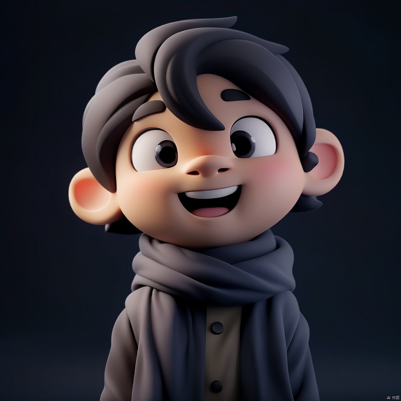 solo, looking at viewer, smile, open mouth, simple background, black hair, 1boy, upper body, male focus, scarf, black eyes, black background, arms at sides