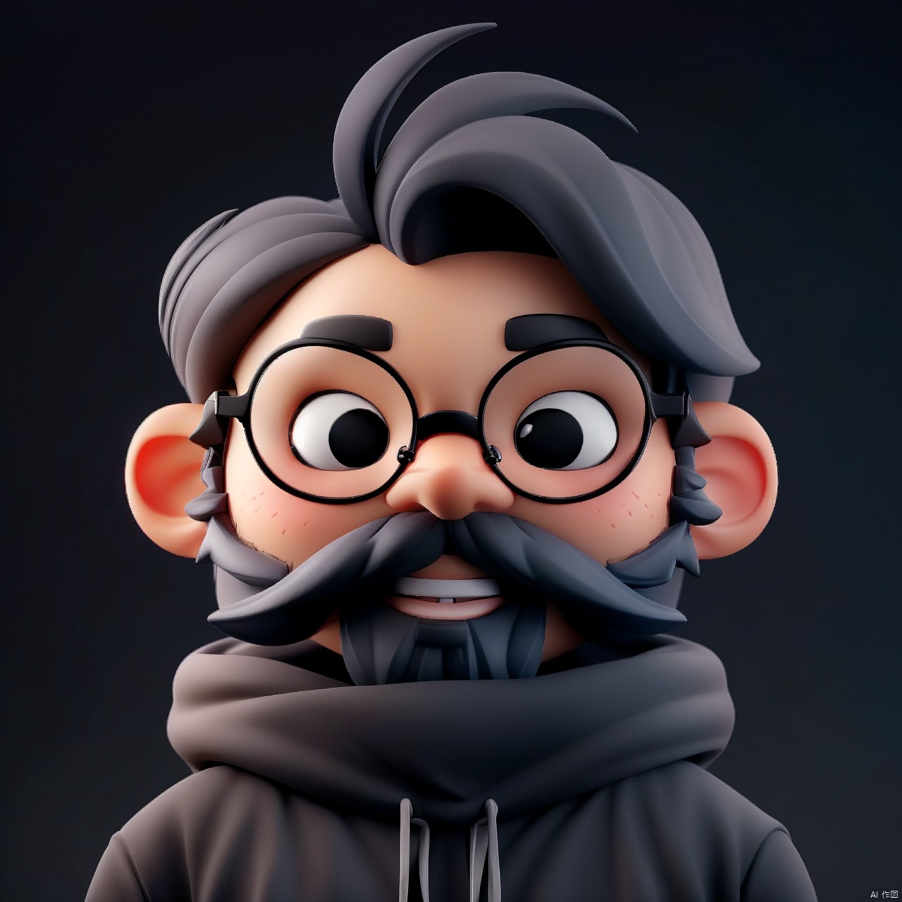 solo, looking at viewer, smile, open mouth, simple background, black hair, 1boy, upper body, male focus, glasses, teeth, hood, black eyes, gradient, gradient background, hoodie, facial hair, hood down, black background, beard, black-framed eyewear, mustache, arms at sides, bald, grey hoodie