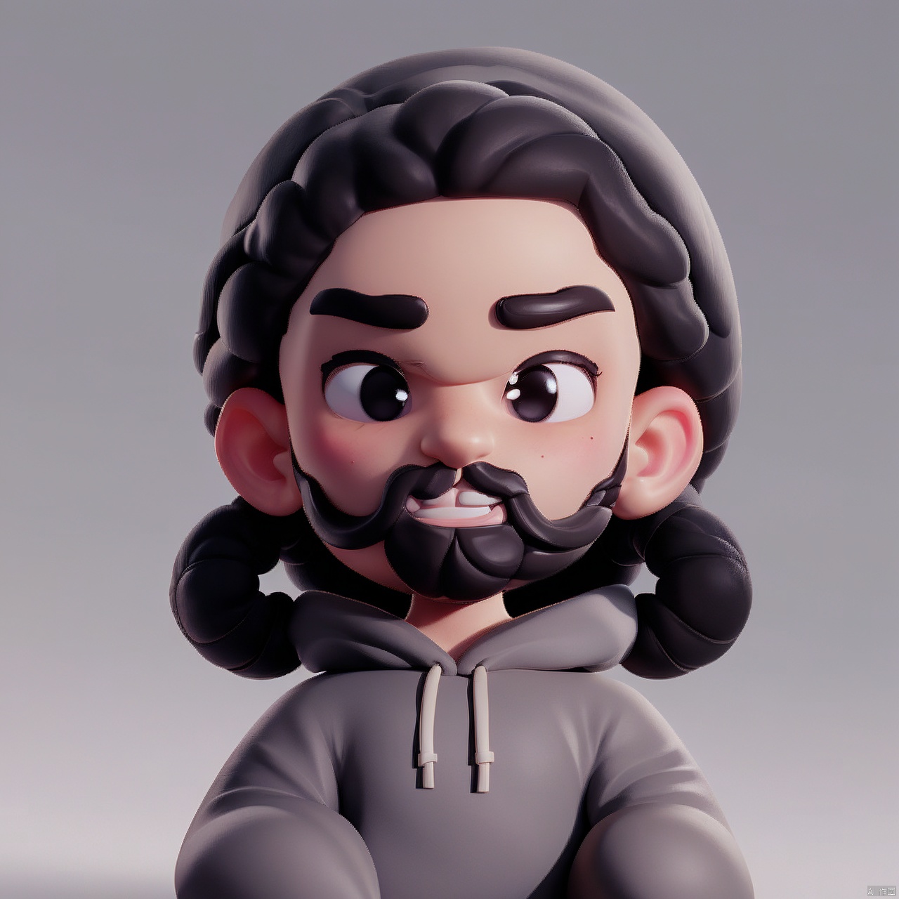 solo, looking at viewer, smile, open mouth, simple background, black hair, 1boy, upper body, male focus, glasses, teeth, hood, black eyes, gradient, gradient background, hoodie, facial hair, hood down, black background, beard, black-framed eyewear, mustache, arms at sides, bald, grey hoodie