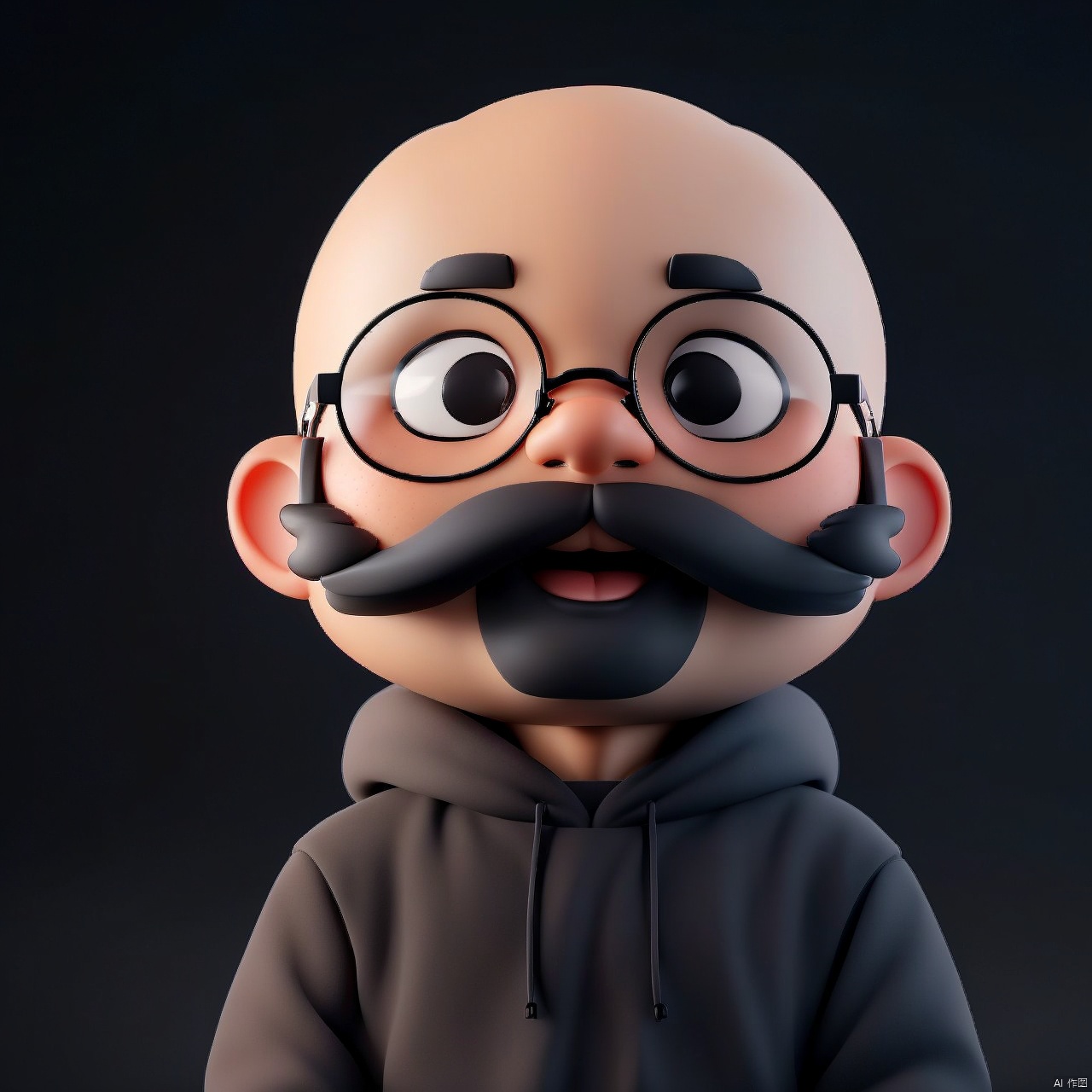  solo, looking at viewer, smile, open mouth, simple background, black hair, 1boy, upper body, male focus, glasses, teeth, hood, black eyes, gradient, gradient background, hoodie, facial hair, hood down, black background, beard, black-framed eyewear, mustache, arms at sides, bald, grey hoodie