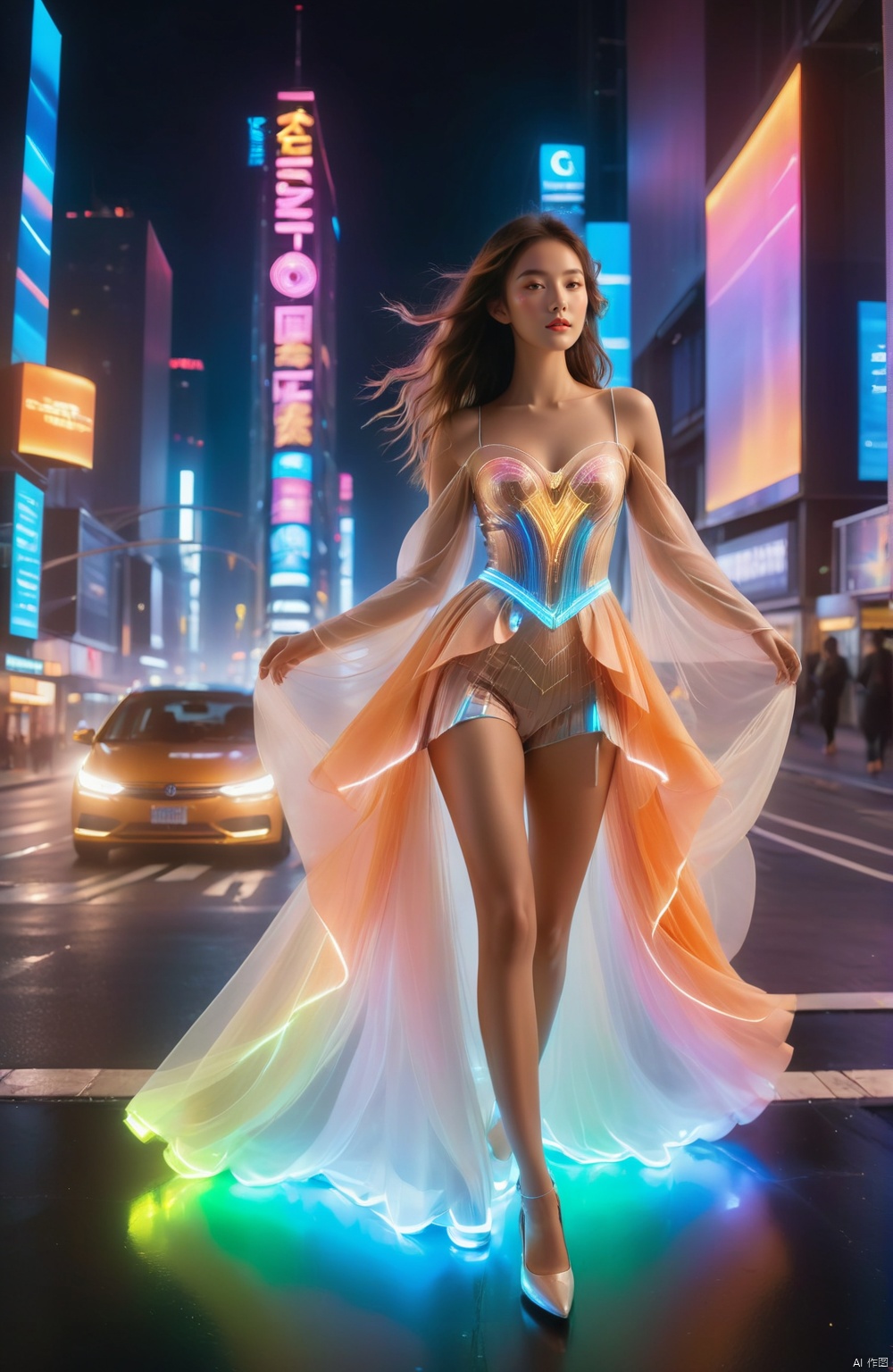 (full body),  On a moonlit urban street at night,  a solitary young woman stands as the focal point amidst the bustling ci...
