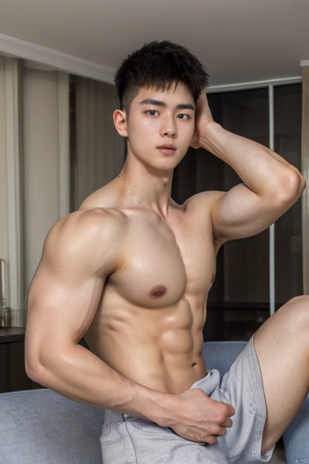  realistic,master piece,high resolution, handsome ,1boy,20y.o,topless.,in living room,a smaller head,ttboy