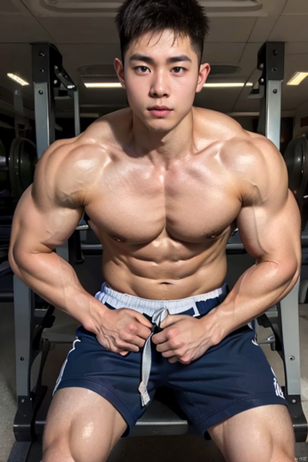  realistic,master piece,high resolution, handsome ,1boy,20y.o,topless.,sitting ,hands on waist ,in gym,a smaller head,ttboy