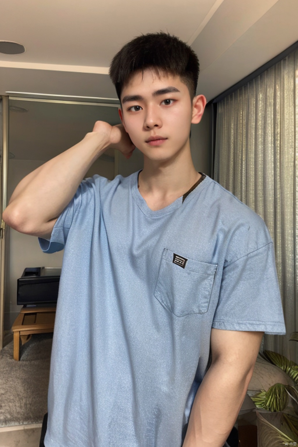  realistic,master piece,high resolution, handsome ,1boy,20y.o.,in living room,a smaller head,ttboy