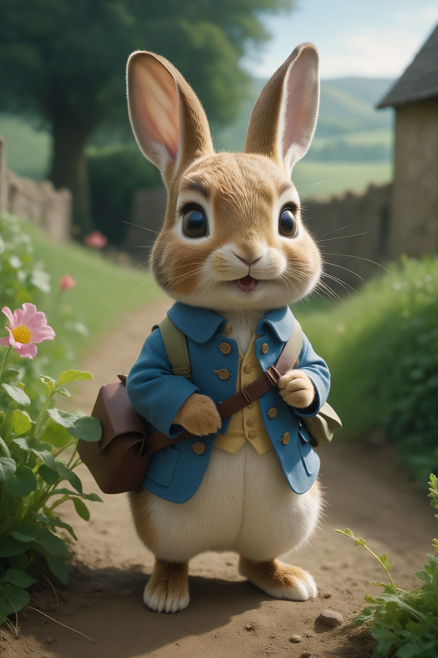 cinematic film still Photo Peter Rabbit Beatrix Potter . By Henry Cavill, Chibi style, cartoonish, they are in a rural school, landscape of pastel colors. . Vibrant, beautiful, painterly, detailed, textural, artistic . shallow depth of field, vignette, highly detailed, high budget, bokeh, cinemascope, moody, epic, gorgeous, film grain, grainy