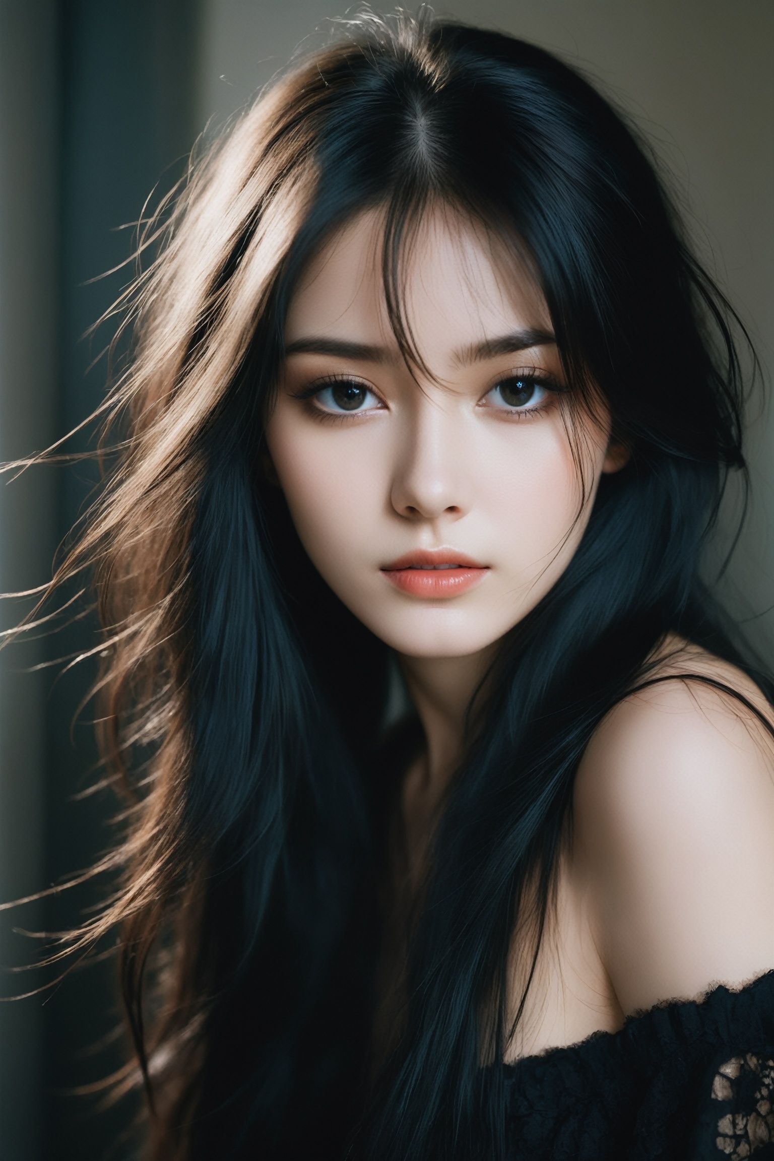26 y.o. russian girl, eyeshadow, long eyelashes, (messy hair:0.6), film photography aesthetic, long black hair, dynamic composition, skin texture, sharp focus, hard shadows