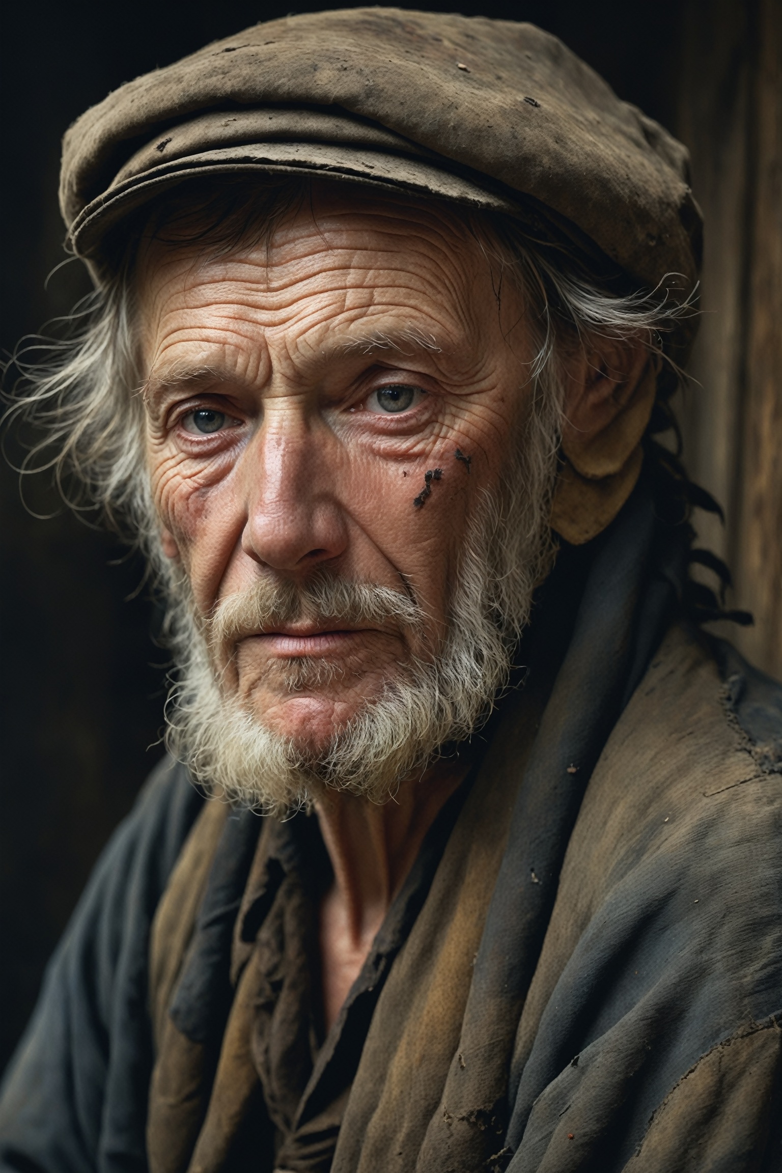 glamour portrait shot (from above:0.5) of poor Latvian 1800 old worker in rags, ((overwhelming fatigue)), wrinkles of age, photorealistic, moody colors, gritty, messy style of Alexey Savrasov, Ivan Shishkin, Ilya Repin, highly detailed,