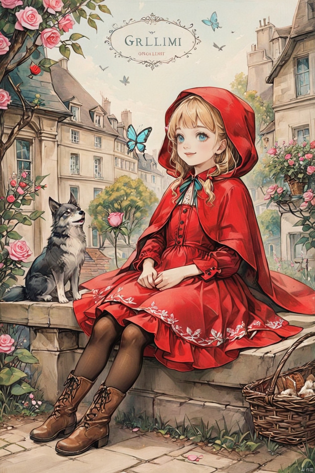  little red riding hood \(grimm\), flower, blonde hair, boots, blue eyes, butterfly, rose, rabbit, bug, pantyhose, pink rose, bird, long hair, sitting, french text, hood, english text, basket, wolf, multiple girls, tree, 1girl, smile, dress, food, pink flower, oldColor