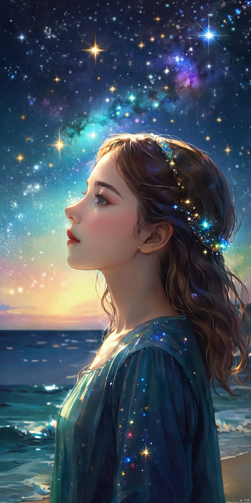  Best quality,masterpiece,1 girl,closeup,portrait,upper body,left,face from side,on the sea,(under the starry sky:1.1),the sea reflects the starry sky,rainbow color light reflected on the girl's face,sparkling lights,magical atmosphere,pointillism,Silhouette view,Cosmic wonders,Mysterious and colorful,nebula light,cosmic light,galactic light,Astronomical view,Macroscopic perspective,perspective view,masterpiece, oldWater, oldColor