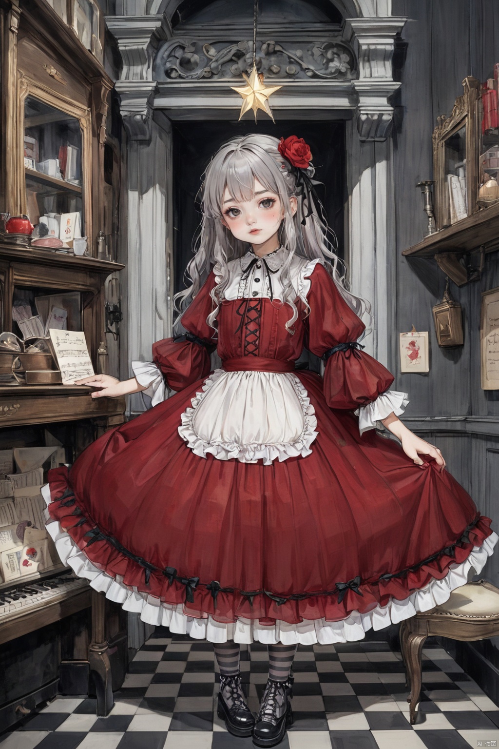  tinkle, loli, blush, 1girl, long hair, flowing, hair,
grey hair, red dress, 
layered dress, frilled dress, see-through, hair flower, hair ribbon, translucent dress, 
striped pantyhose, wide shot, cross-laced footwear, gothic lolita, lolita fashion,
star, lace, wide sleeves, note, text,
masterpiece, best quality, onnk, oldColor