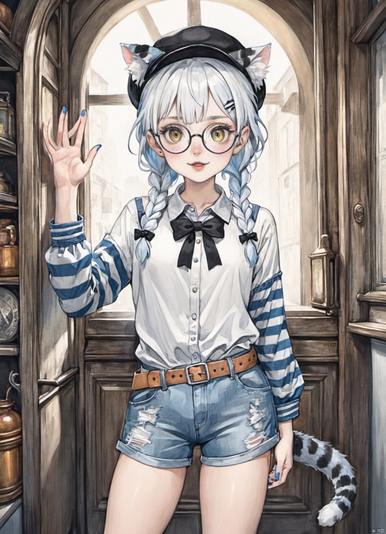  1girl, solo, long hair, looking at viewer, smile, open mouth, bangs, blue eyes, shirt, black hair, long sleeves, hat, bow, animal ears, standing, tail, yellow eyes, braid, white hair, hair bow, multicolored hair, cowboy shot, glasses, shorts, striped, belt, cat ears, nail polish, twin braids, two-tone hair, cat tail, animal ear fluff, short shorts, black headwear, black bow, heterochromia, denim, cat girl, baseball cap, blue nails, denim shorts, striped shirt, round eyewear, oldWater, oldColor