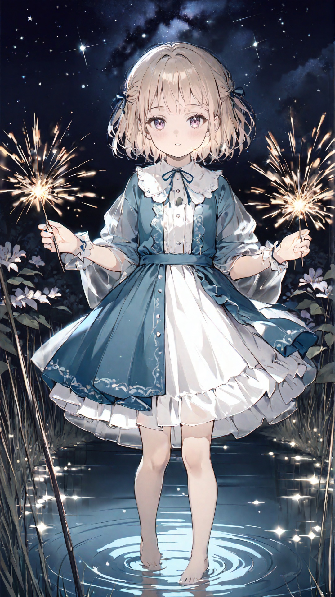  masterpiece, best quality, loli, Best quality, 8k,cg,night,glowing,transparent,barefoot,1girl,standing_on_liquid,ripples,sparkler,dress,Formed by light,starry_background,[artist WERI],nai3
, oldWater, oldColor
