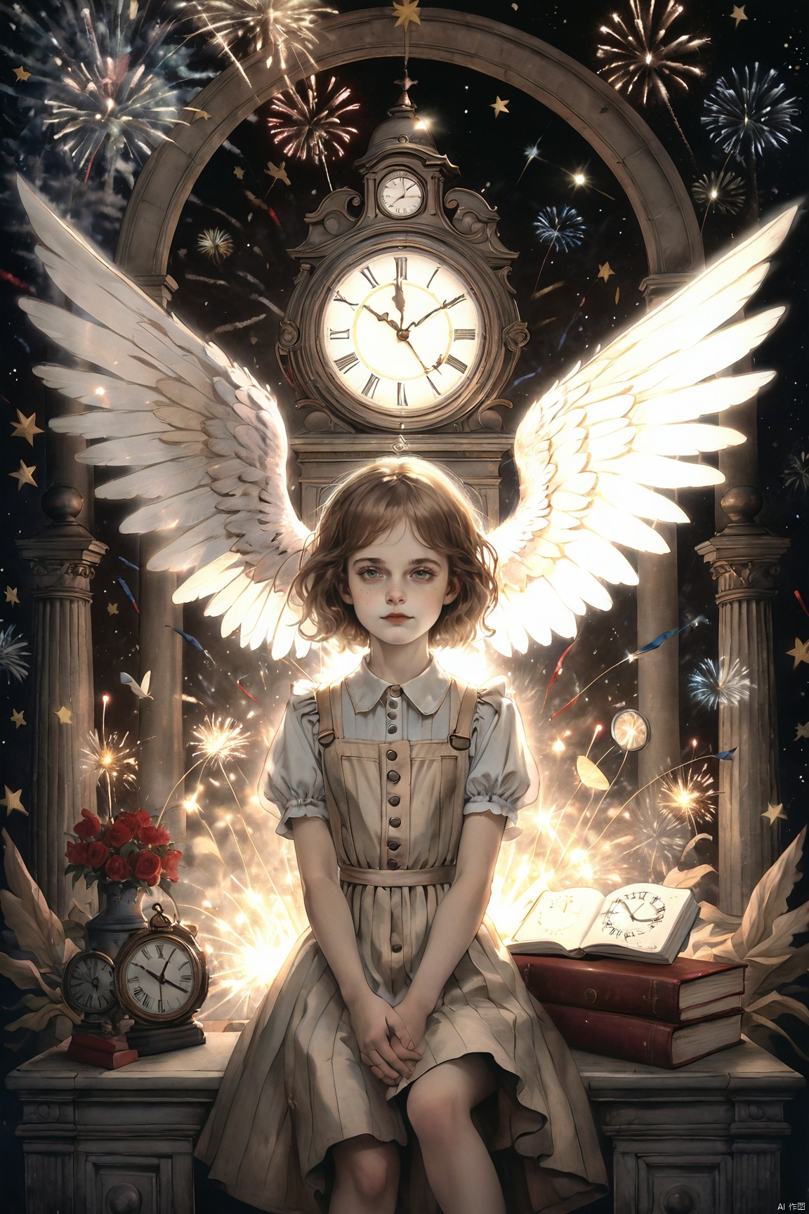  a 1girl with angel wings and a clock in the background with fireworks and stars around her, and a clock in the middle of the image, Alice Prin, elysium, a detailed drawing, neo-romanticism, oldColor