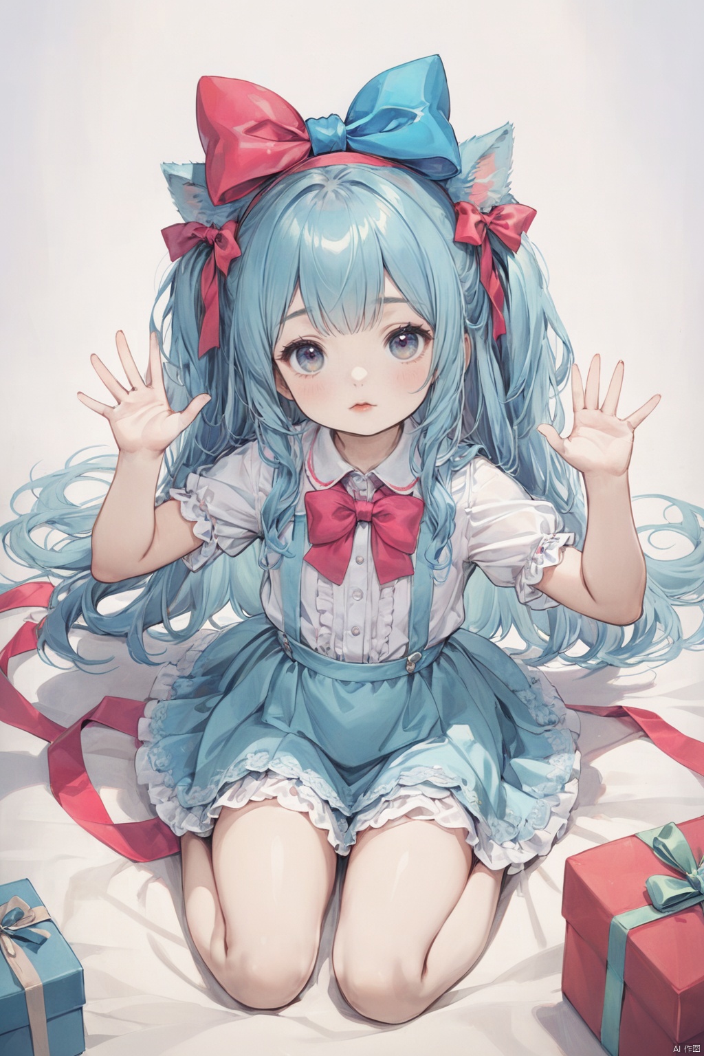  Best quality,masterpiece,a cute little girl with fuzzy long hairs, a very huge big ribbon bow on head, vibrant colored,cute, lovely, fashionable illustration, fullbody,wariza,look up,from above,looking at viewer, hands up, oldColor