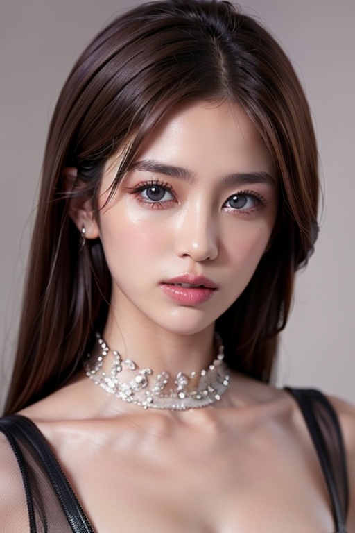 1girl solo brown hair closed mouth grey background collar lips realistic ,  beauty,  yui on Tensor.Art