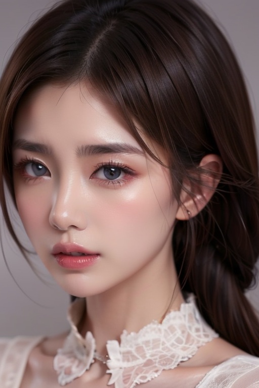 1girl solo brown hair closed mouth grey background collar lips realistic ,  beauty,  yui on Tensor.Art