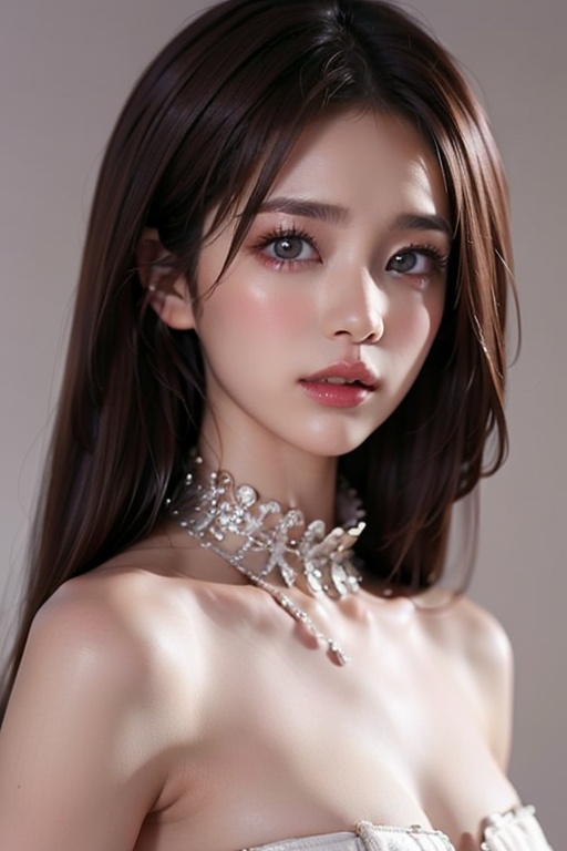 1girl solo brown hair closed mouth grey background collar lips realistic ,  beauty,  yui on Tensor.Art