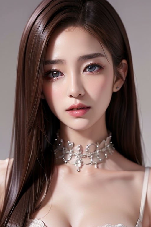 1girl solo brown hair closed mouth grey background collar lips realistic ,  beauty,  yui on Tensor.Art