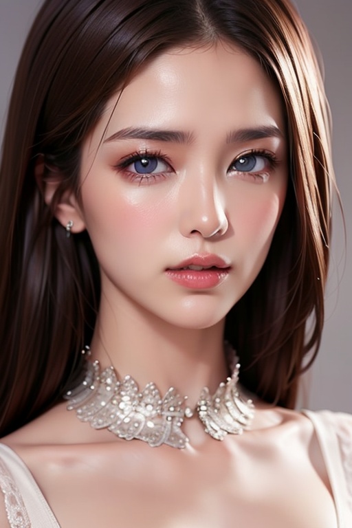 1girl solo brown hair closed mouth grey background collar lips realistic ,  beauty,  yui on Tensor.Art