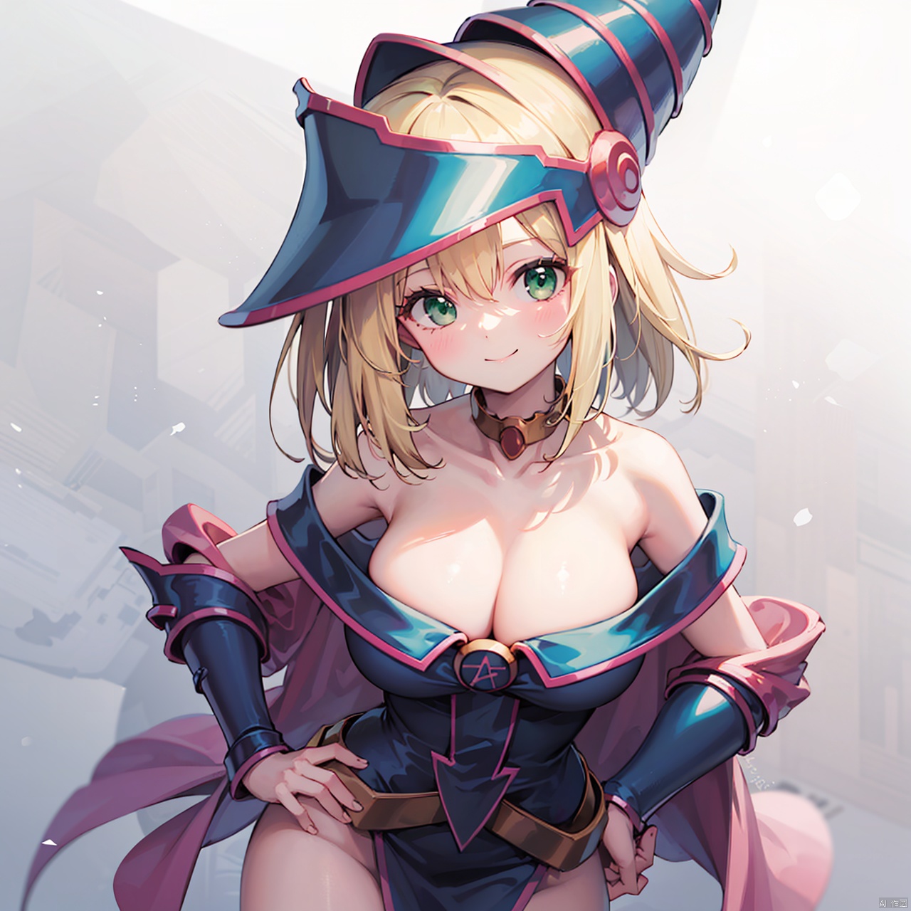  masterpiece, bestquality, Dark Magician Girl, 1girl, solo, long hair, smile, blonde hair, large breasts, hat, cleavage, bare shoulders, green eyes, choker, hand on hip, pentacle,