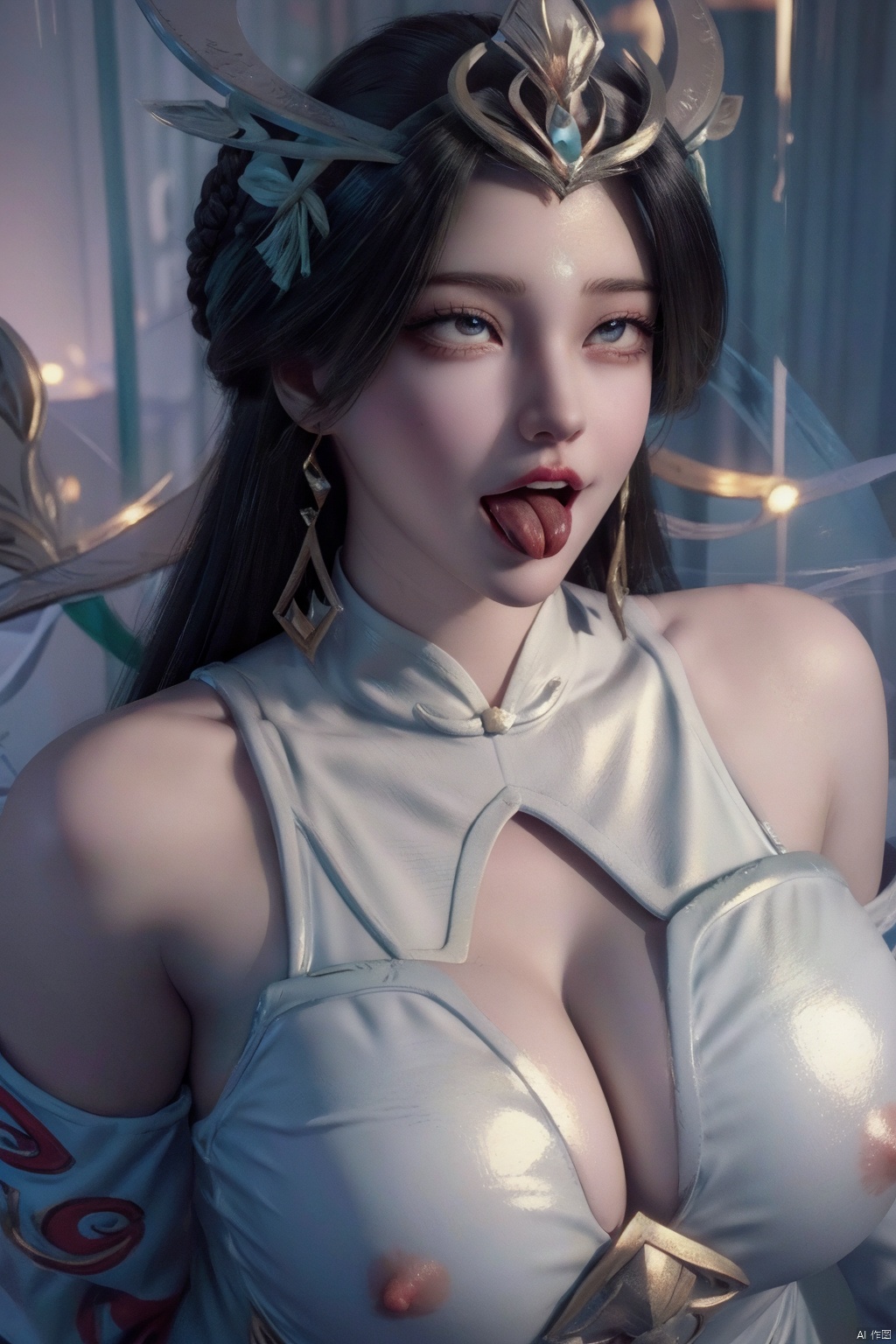 (masterpiece:1.3),(best quality:1.3),highres,1girl,mature female, milf,huge breasts,ahegao, rolling eyes, (open mouth:1.3),((tongue out)),naughty face,chinese_clothes,seductive_smile,